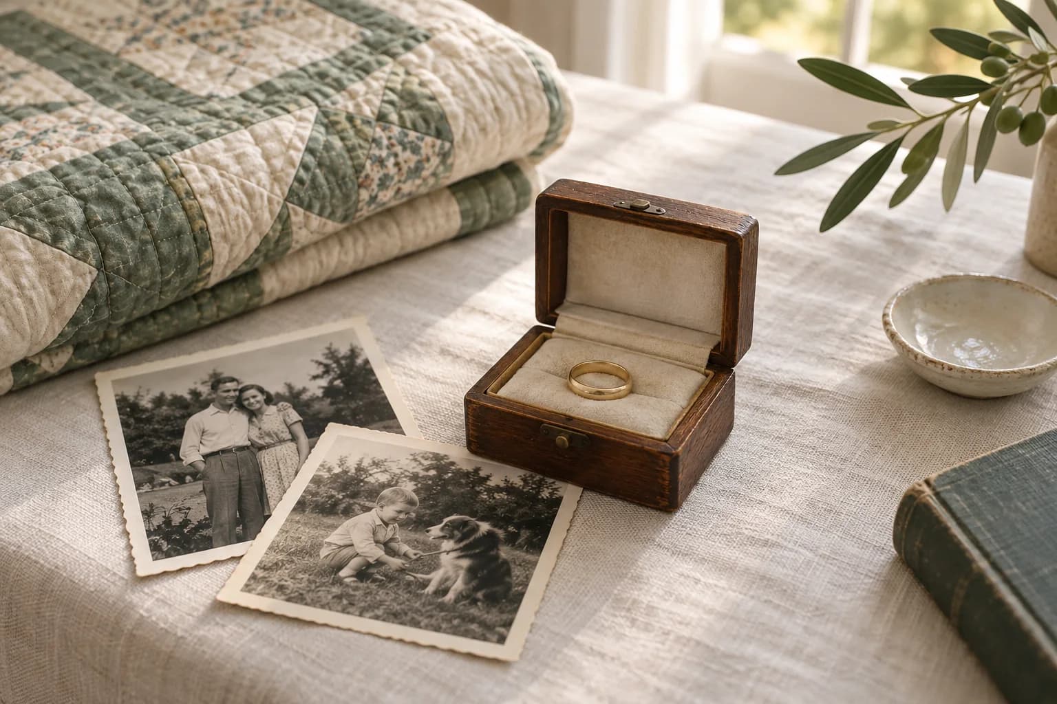 A wedding ring in a wooden keepsake box beside a quilt and family photographs.
