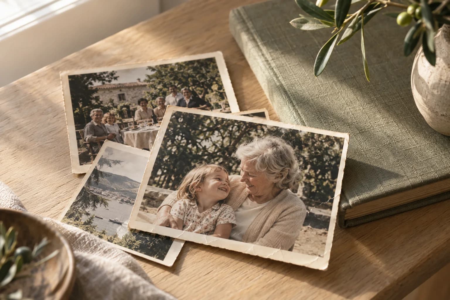 Family photographs beside a linen album in warm window light.